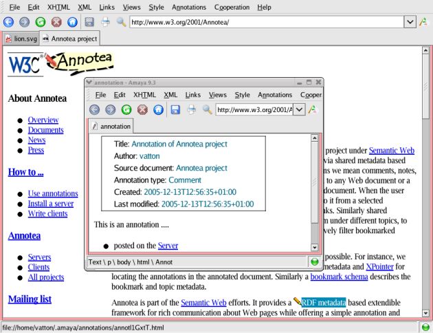 Création d'une annotation (http://www.w3.org/Amaya/screenshots/Overview.html)