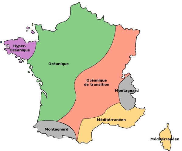 Répartition géographique des cinq types de climats français.