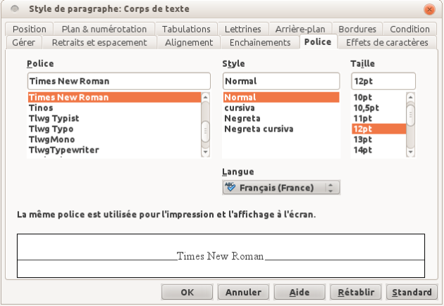 Onglet "Police" avec une police de type Times New Roman, un style Normal et une taille de police de 12 px.