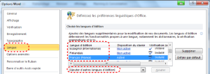 Emplacement de l'option "Langue" ; les langues d'éditions disponibles ; le bouton "Définir par défaut" et le menu déroulant "Ajouter des langues d'édition supplémentaires".
