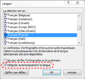 Emplacement de l'option "Détecter automatiquement la langue" dans la boite de dialogue "Langue".