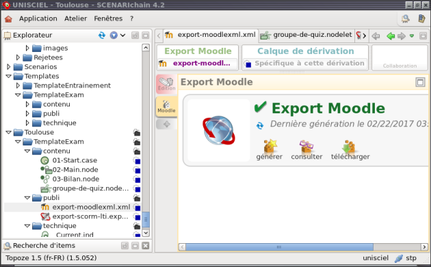 Dans la zone d'édition, sur l'onglet "moodle" de l'item "export-moodle.xml", l'utilisateur a le choix entre 3 boutons : "générer", "consulter" et "télécharger".
