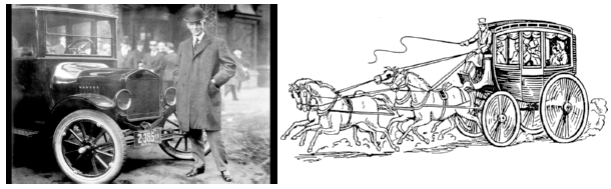 Photo d'Henri Ford devant une Ford T et dessin d'une diligence à 4 chevaux