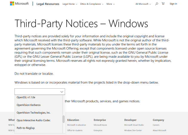 La page "Third-Party Notices - Windows", contient une très grande liste déroulante avec des projets comme OpenSSL, Opus audio codec, Path-to-RegExp...