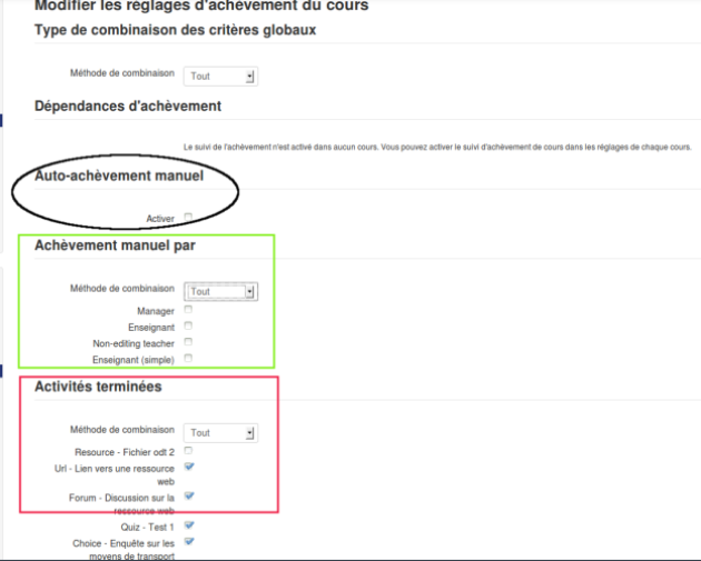 Options de réglage d'achèvement de cours